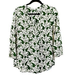 Fun 2 Fun Top Women Small Green Pleated V Neck Floral Print Long Sleeve
